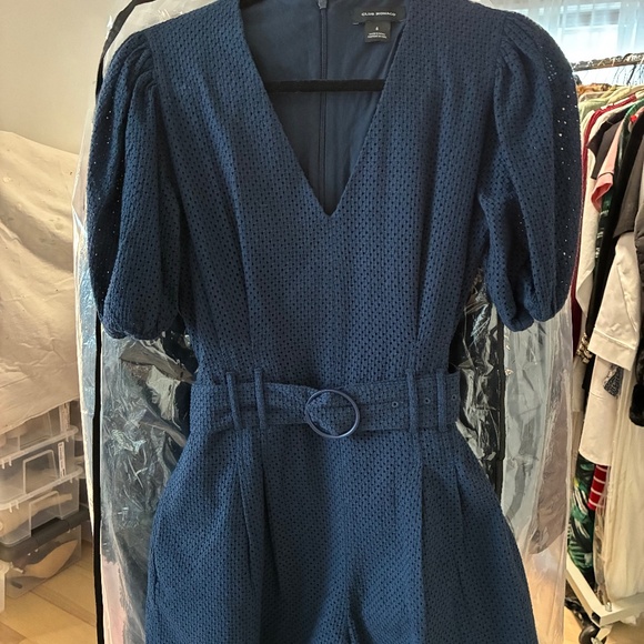 Club Monaco Pants - Blue Eyelet Belted Romper Puff Sleeve Flare Short Club Monaco